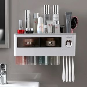 Magnetic Toothbrush Holder Storage Rack Automatic Toothpaste Dispenser Wall-Mounted Waterproof Bathroom Storage Accessories Set