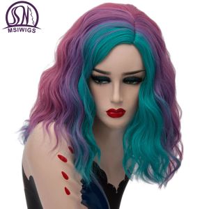 Wigs MSIWIGS Short Cosplay Synthetic Wigs for Women Rainbow Highlights Color Wavy Wigs Side Central Hairline Cos Rose Net Ombre Hair