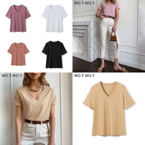 Summer WOTWOY Casual Solid V-neck T-shirt Women Knitted Cotton Basic Short Sleeve Tops Female Soft White Tee Shirt Haruku 220411