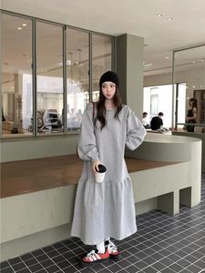 Casual Dresses Korean Style Long Grey Sweatshirt Dress Women Autumn Winter 2024 Chic Solid Color Full Sleeve O-neck Loose V