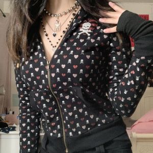 Sweatshirts Schädel Print Mall Goth Hoodies Vintage Dark Academia Emo Coat Jackets Y2K Ästhetik Grunge Zip Up Sweatshirts Egirl Gothic