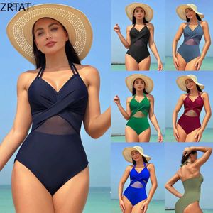 Women's Swimwear ZRTAT 2024 New One Piece Swimwear Womens Solid Color Mesh Bikini Swimwear Bikini Conservative Bathing Suit Girls Women Swimwear d240424