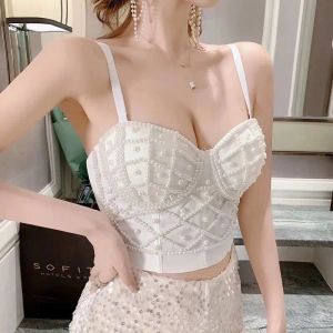 Full Beads Женщины -топ -женщина -топ женщин Camis Nightclub Pearls Short Bender Sexy Camisole Mujer Lingerie Tube Bra Debardeur