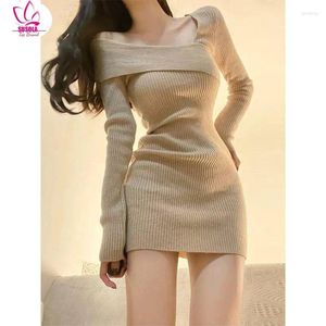 Casual Dresses SUSOLA Korean Style Mini Knitted One-piece Dress Women Coquette Sexy Long Sleeve Tunic Cabaret Khaki Winter Clothes