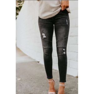Kvinnors jeans smala veckade perforerade elastiska blyerts leggings