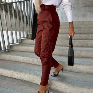 Calça feminina calça de cor sólida Lápis de couro falso de cintura alta com decoração com zíper bolsos para mulheres Slim Fit Long