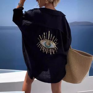 Evil Eye Casual paljett Beaded Shirt Spring Geometric Eye Top Long Sleeve Loose Shirts Summer Turn-Down Collar Long Blus 2404241