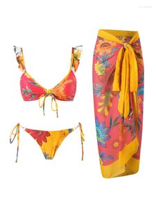 Frauen Badebekleidung sexy Schnürbikini Bikini Badeanzug 2024 Trend Red Ruffled Split Bikinis Sets mit Coverrock für Strandurlaub