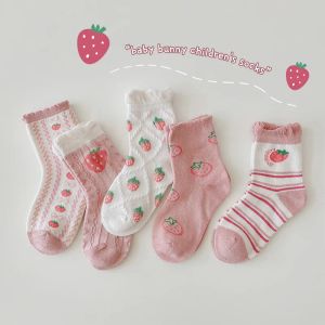 Socks Girls Sweet And Cute Strawberry Print Socks Autumn New Baby Kids Stripes Bubble Lace Cotton Pink Socks