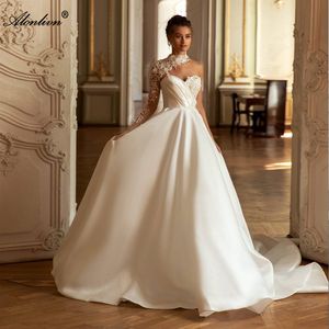 Stunning Satin One Shoulder Sweetheart A-Line Wedding Dress Delicate Beading Pearls Lace One Full Sleeves Bridal Gowns 2024