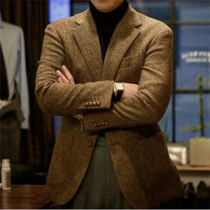 Jackets Elegant Blazer for Men Herringbone Jacket Business Office Coat 1 Pieces Winter Warm Wool Suit Lapel Single Breasted Clothes