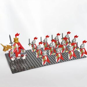 Bloklar 13pcs Vintage Castle Kingdoms Red Dragon Kraliyet Şövalyeleri At Koyu Mavi Aslan Aslan Solider Minifig Yapı Blosu Oyuncaklar Çocuklar İçin