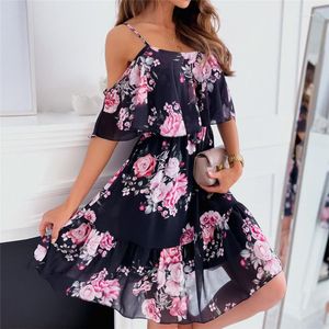 Casual Dresses Fashion Ins Print Chiffon Sling Dress Floral Strap Sun