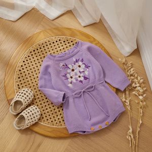 Sweaters Autumn WInter Baby Girls Knitted Sweater Romper Jumpsuit Embroidery Flower Princess Long Sleeve Budysuit with Drawstring Waist