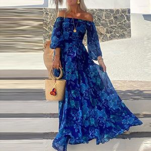 Casual Dresses Women Elegant Slash Neck Bohe Party Dress Sexy Long Sleeve Waist Maxi 2024 Fashion Pleated Holidays