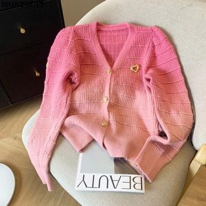 Kvinnors stickor Gradient Färg stickad Cardigan tröja för kvinnor Stylish Fashion Elegant Ladies Tops 2024 Autumn Long Sleeve V-Neck Jumpers