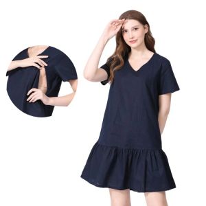 Suprimentos novo vestido grávida de verão Ruffle, vestido de maternidade linear, vestido de linho de algodão com zíper invisível que amamentou roupas de grande tamanho