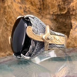 Clothing Retro Handmade Turkish Men Ring Vintage Punk Sword Ottoman Warrior Black Zircon Rings Trendy Islamic Religious Muslim Jewelry