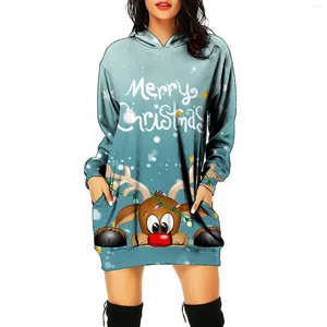 Casual Dresses Women Christmas Cartoon Elk Print Långärmad hoodie Sweatshirt Dress Pocket Pullover för Autumn Winter