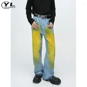 Mäns jeans retro gul graffiti man korea mode avslappnad rak cowboy byxor high street wash baggy manlig bred ben denim byxor