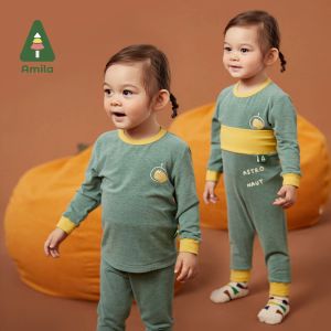 Bloomers Amila Baby Underwear Set 2022 Winter Cute Cartoon Animal Pattern Solid Color Boys Girls Children Round Neck Warm Suit