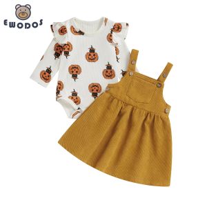 Conjuntos ewodos infantil garotas de halloween roupas de abóbora/cápsula de mangas compridas com mangas compridas suspensórios de veludo cor de veludo vestido 2 pcs sets