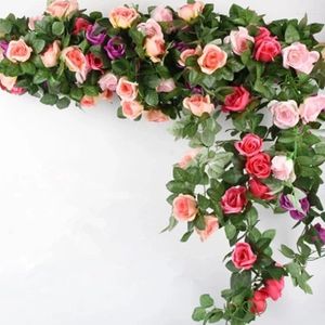 Dekorativa blommor 2.2m 9heads Artificial Roses Silk Rattan String Vine Green Leaves Home Wedding Garden Decation Hanging Garland Wall