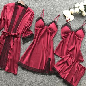 Pijama de roupas de dormir 4pcs Conjunto de seda feminina de seda de traje de renda de vestido de vestido de noite de vestido de cabeceira sólida