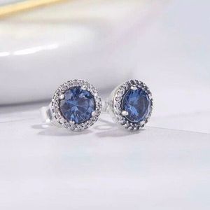 Authentic 925 Sterling Silver Blue Round Shiny Stud Earrings Suitable for Earrings Stud Jewelry 296272C01 Fashion Gift Earrings
