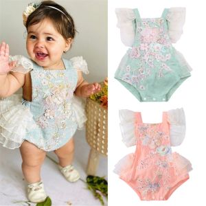 One-Pieces Princess Infant Baby Girls Spitzensticker Strampler süßes Baby Rüle Fliegenhülle Rückenloser Overall Summer Strampler 024m