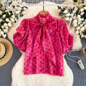 Kvinnors T -skjortor Mujer French Retro Bow Lace Up Bubble Kort ärm Organza Blus ärm Polka Dot Shirt Chiffon Top