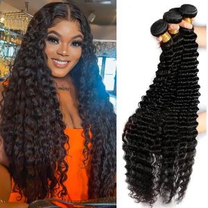 Wigs Wave Deep 3 Bundles Bundles Hair Teave Pacotes Raw Curly Human Bundles Pacaco de onda de água Remy Virgin Extensions 30 polegadas