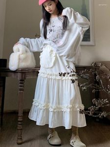 Skirts Qiukichonson Midi Long Womens Pleated Skirt Lolita Sweet Spring Autumn High Waisted Low Ruffle A Line Rok