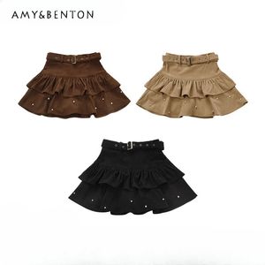 Sweet Girl Cute Pearl Belt Lace-up Slim Fit Mini Skirt Women Winter Thicken Preppy Style Pure Color All-Match Kawaii Y2K Skirts 240419