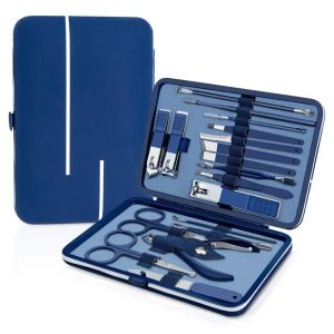 Комплекты New Nail Clipper Set Kit Pedicure Kit 18pcs Professional Manicure из нержавеющей стали для мужчин с голубыми кожаными путешествиями