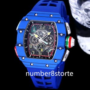 65-01 زرقاء ألياف الكربون الزرقاء أوتوماتيكي مشاهدة سويسري Tonneau Wristwatch الياقوت الكريستال مقاوم للماء الساعات الرياضية كبيرة الحجم 5 ألوان