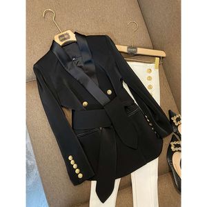 New Arrival European Style Quality Women Coat Shawl Collar Double-breasted Office Lady Solid Blazer with Belt