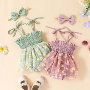 Endelar Citgeett Summer Spädbarn Baby Girls Bodysuit Set Spaghetti Straps Flower Print Tulle Patchwork Aline Dress Bowknot pannband
