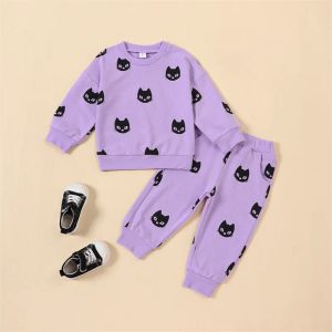 Sets BeQeuewll Baby Girls 2piece Outfit Cat Print Long Sleeve Crew Neck Sweatshirt with Elastic Waist Sweatpants Fall Clothes