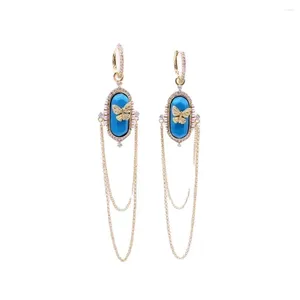 Hoop Earrings Enamel Vintage Court Style High-Grade Turquoise Bee Chain Long Face-Showing Small