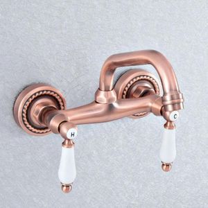 Kitchen Faucets Antique Red Copper Washbasin Faucet Wall Mount Sink Swivel Spout Bathroom Basin Cold Water Taps Dsf886