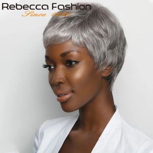 Wigs Rebecca Grey Colorata Short Short Straight Bob Pixie Hair parrucca con frangia frangia per donne Brasiliane Remy Hair Grey Bob Wigs