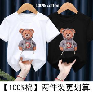 TEES2022リトルガールボーイサマー3Dベアシンプルなきれいなショートスリーブかわいい子供の服薄い綿Tシャツ