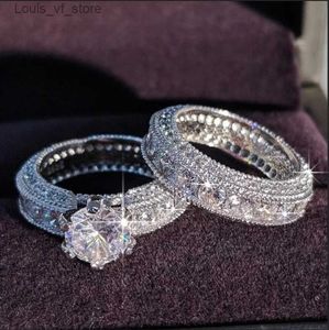 Band Rings Exquisite Fashion New Design Silver Color Zircon Wedding Ring Set for Women Engagement Finger Anniversary Gift Banquet Jewelry H240424