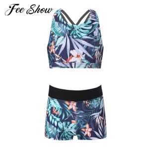 Roupas de banho fofas garotas fofas de duas peças de banho brasileira de roupas de banho sem mangas com estampa traseira de nadar com shorts Ternos de banho de praia de verão