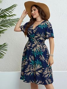 Plus Size Blumendruck verpackt Vneck Frauen Kleider Kurzer Rüschen Ärmel