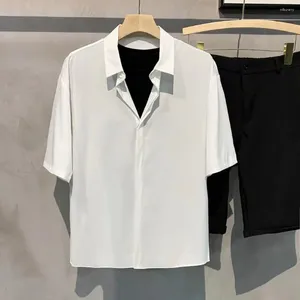 Men's Casual Shirts Men Shirt Formal Stylish Ice Silk With Hidden Buttons Turn-down Collar For Or Business Wear Short Sleeves