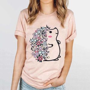 Kadın T-Shirt Sevimli Kirpi Tshirt Kadın Anime Y2K Üstler Harajuku Moda Hedgehog Çiçek Giyim Kısa Kollu Karikatür Tarzı Bayanlar T-Shirt 240423