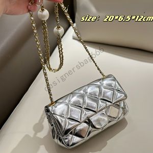 Luxury Women Crossbody Bag Mini C Double Pearl Bag Högkvalitativ äkta läderkedja påse diamantgitter axelväska fast färg med klaffväska messenger handväska