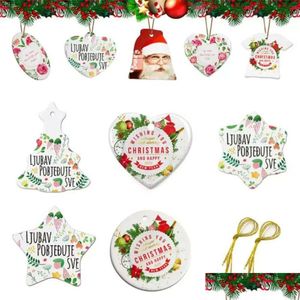 Blank Christmas Sublimation Decorations White Ceramic Pendant Creative Ornaments Heat Transfer Printing Diy Heart Round Drop Delivery Dhnb5